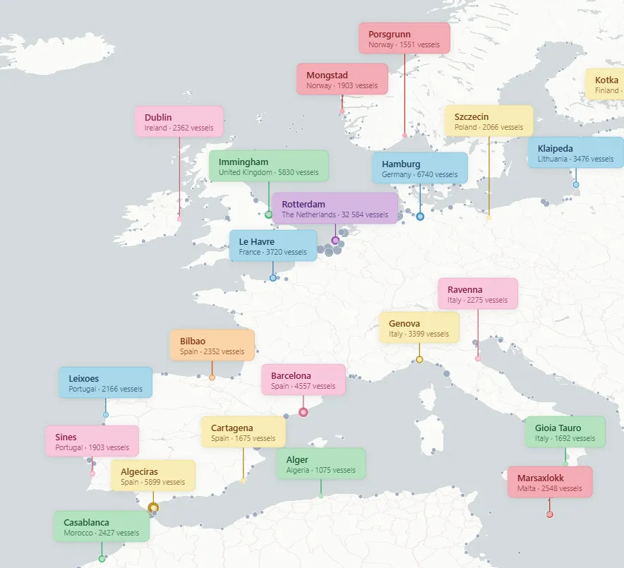 MapLibre map showing port labels with colored connector lines and pastel callout boxes