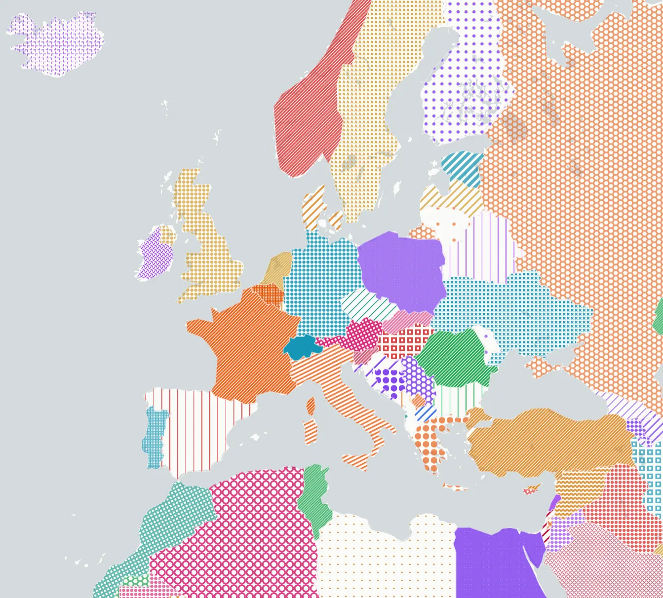 World map with 177 countries each assigned a unique SVG hatch pattern, zero adjacency conflicts